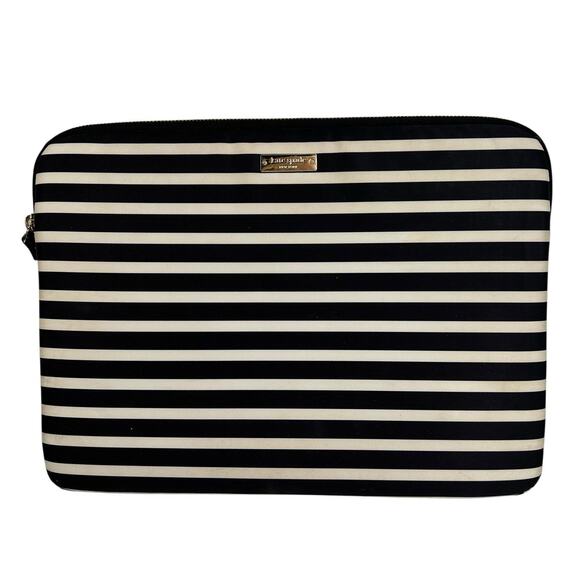 KATE SPADE New York Black & White Stripe Padded iPad MacBook Tablet Zip Case - Picture 2 of 11